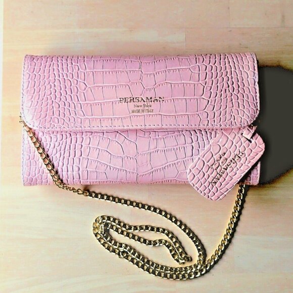 Persaman New York Priscilla Croc Embossed Pink Leather Crossbody Clutch Bag Mint - Picture 1 of 11
